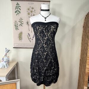 Y2k Black Lace Tiered Bubble Hem Strapless Mini Dress Dark Coquette Romantic S